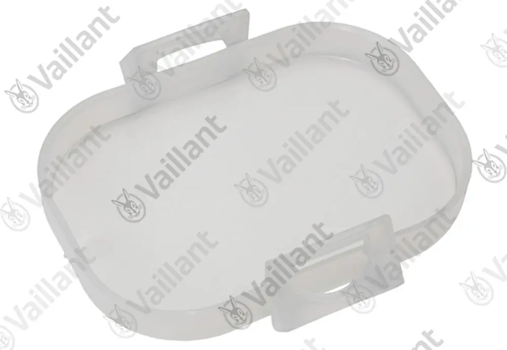 Transparenter Deckel von Vaillant, oval mit seitlichen Halterungen, geeignet als Abdeckung für verschiedene Anwendungszwecke.